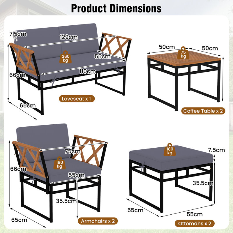 7 Piece Outdoor Conversation Set Metal Sectional Sofa Se, Grey