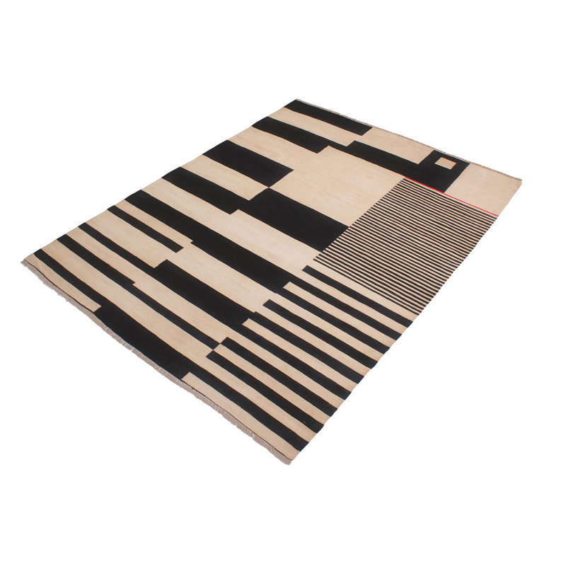 Tapis géométrique ivoire / noir en laine noué à la main à motif géométrique 5 pi 6 po x 7 pi 8 po Cedorah