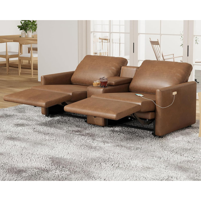 Latitude Run Power Recliner, Leather Loveseat Recliner Couch with Cup Holder& Charging Socket