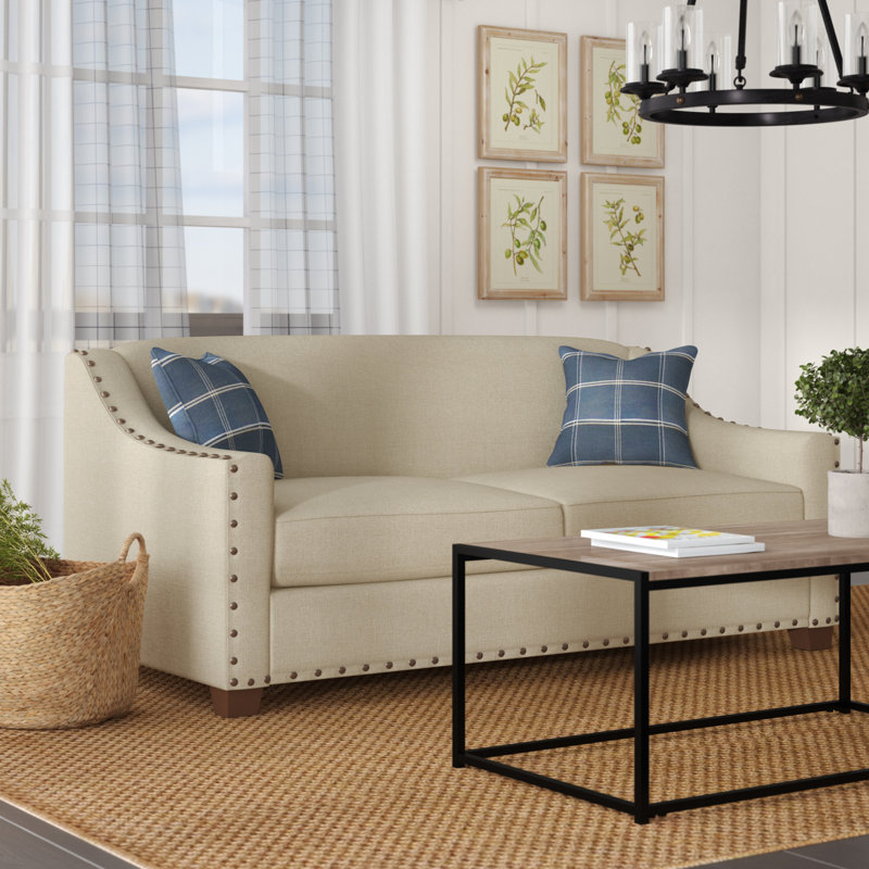 Allard 77'' Upholstered Sofa, Oatmeal Revolution Performance Fabric, Nail Head Accents, Memory Foam