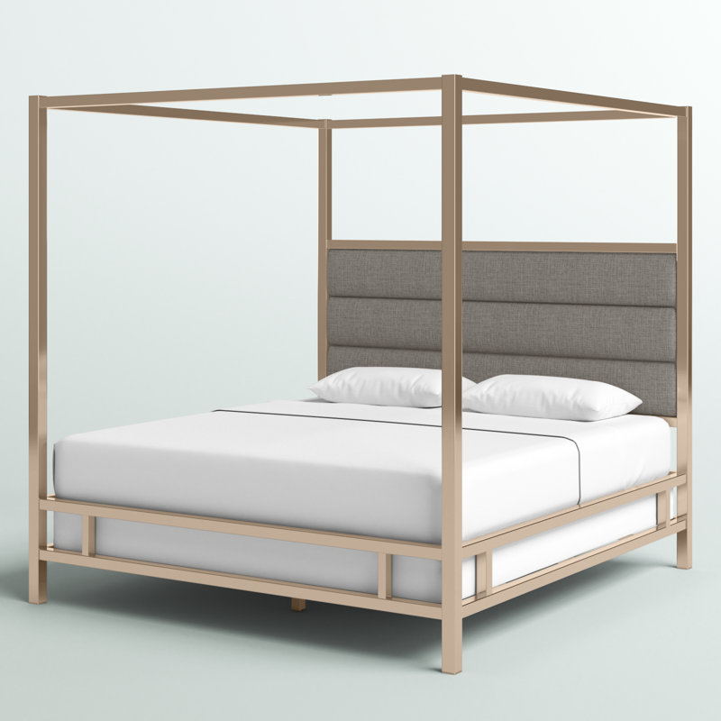 Pettaway Upholstered Metal Canopy Bed, Champagne Gold/Gray, King
