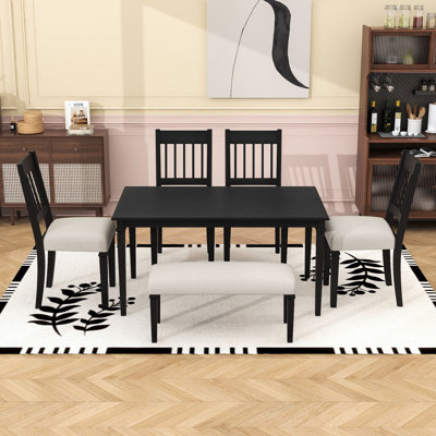 6Pcs Farmhouse Dining Set with Wood Table, 4 Cushioned Chairs and Bench for Space-Saving