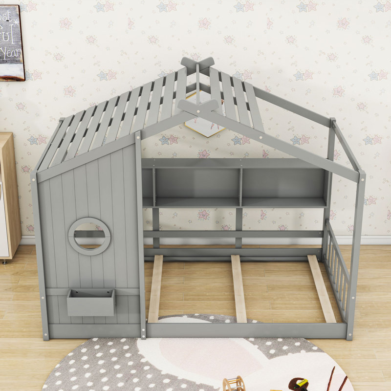 Lit sur pied avec tablette de rangement, gris, Simple