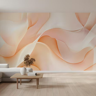 Soft Abstract Orange Wave Wall Mural, Modern Peach Flow Wallpaper, Minimal Neutral Wall Decor For Living Room Bedroom Dining Area