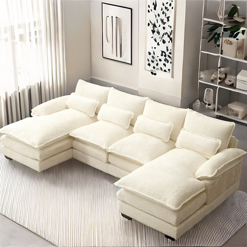 110.6" U-Shape Chenille Sofa, Beige Chenille/Foam Padding