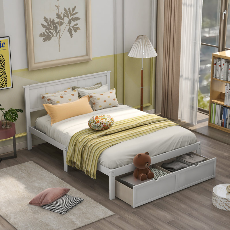 Full Size White Platform Bed with Under-Bed Drawers – Storage Bed, Solid Wood Frame