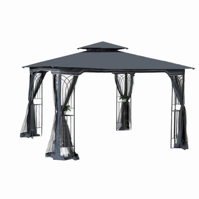 Spacious 10X10 Gazebo With Double-Tiered Roof And Screen - Gray Water- Top Detachable Mesh For Garden Deck Enjoyment