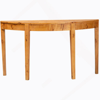 Console moderne Mappa Burl avec plateau en demi-lune et pieds fuselés, parfaite pour un décor élégant et minimaliste.