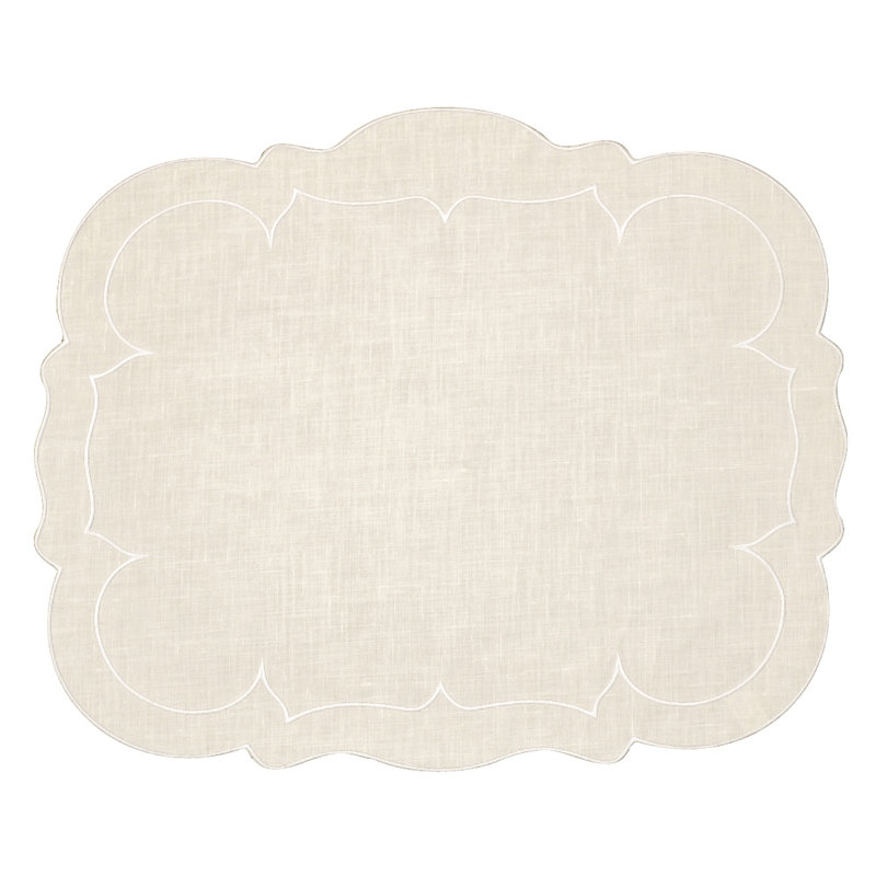 Linho Placemat: Scalloped Rectangular Placemat - Blue, Ivory