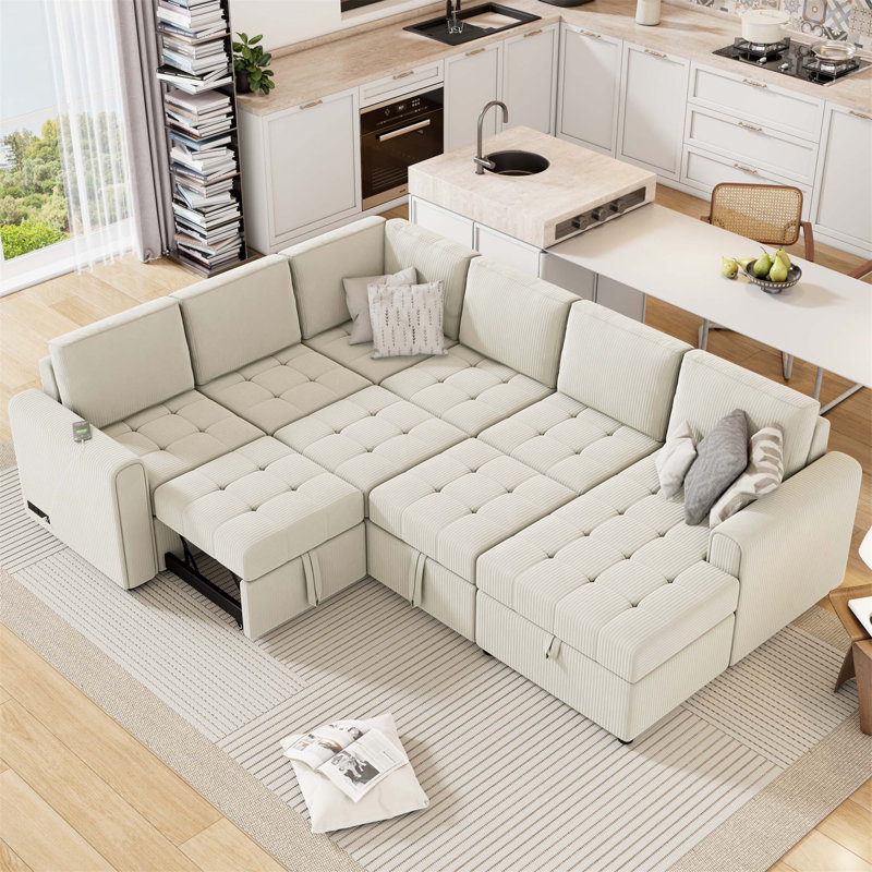 Canapé en velours côtelé avec accoudoirs carrés, Beige