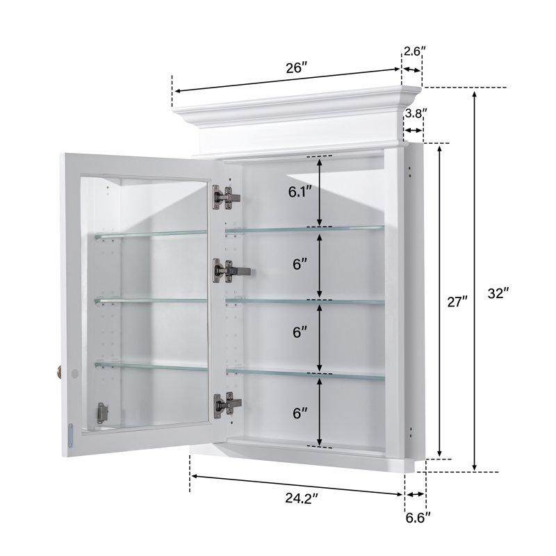 Armoire à pharmacie encastrée en bois massif de 26 po x 32 po avec tablettes réglables en verre