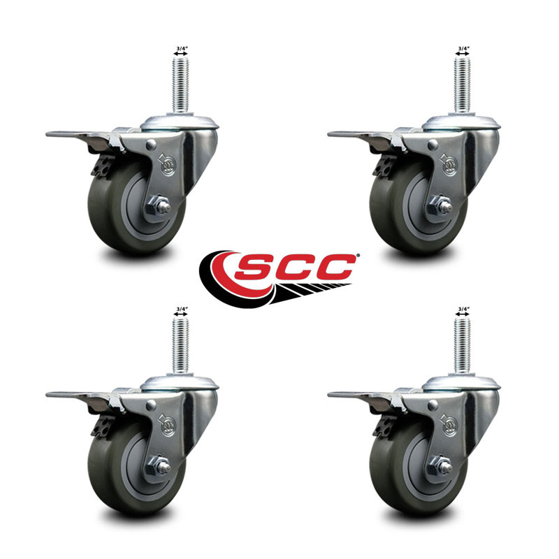 Poly Swivel 3/4 Inch Threaded Stem Caster Set 2 Total Lock Brakes