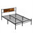 Deep black metal queen size bed frame with wood panel headboard, for residential bedroom use, compatible with all mattress types