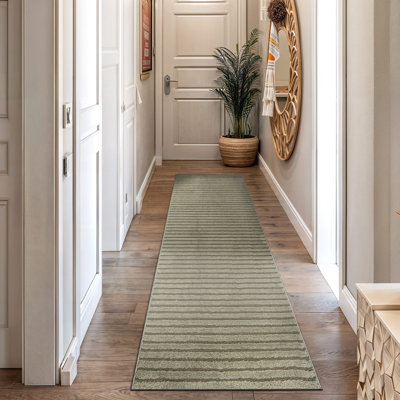Tapis d'intérieur à rayures horizontales vert sauge, tissé à la machine, doux et moelleux, à hauteur variable.