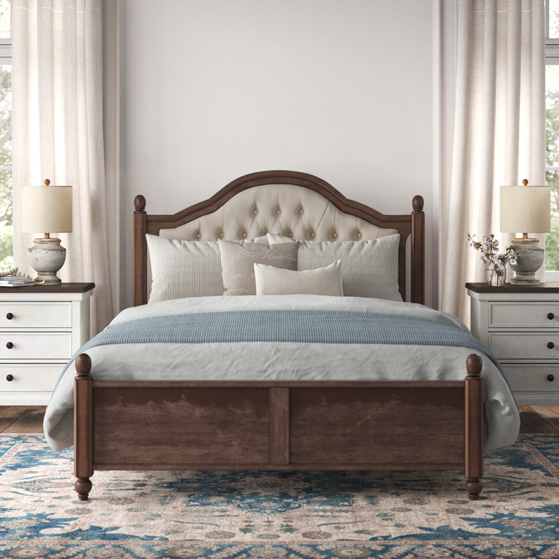 Walnut Queen Bed Frame with Upholstered Headboard and Wood Slat Support