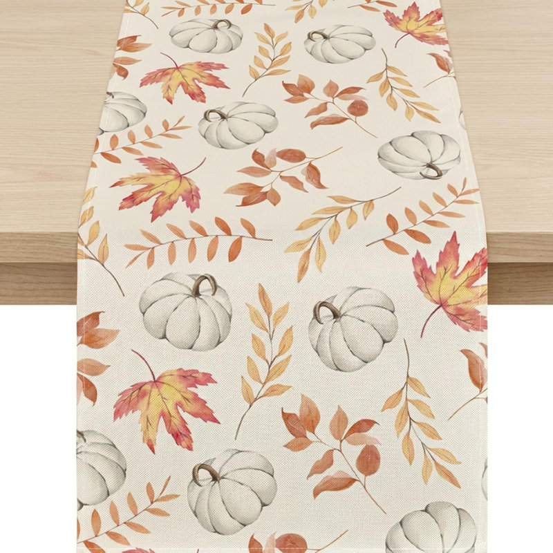 autumn table runner, halloween table runner | Pumpkin and Maple Leaf Design Autumnal Table Runner for Seasonal Home Decor