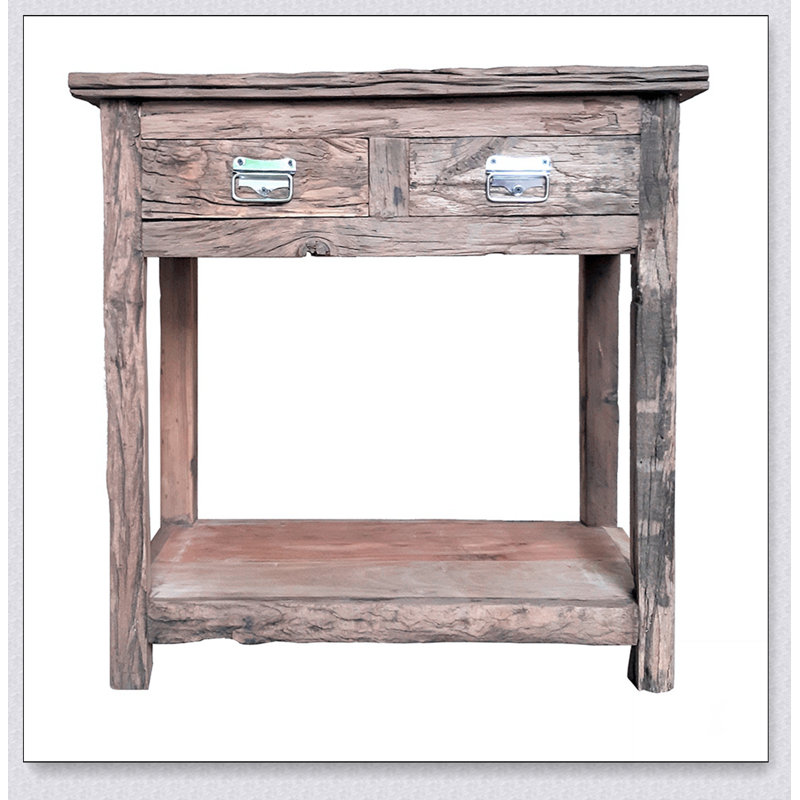 Îlot de cuisine rustique à 2 tiroirs avec rangement spacieux, parfait pour les réceptions et les petits espaces de vie, fabriqué en vieux bois antique.