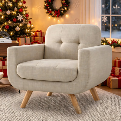 Chaise d'appoint polyvalente, fauteuil rembourré en lin à haut dossier avec pieds en bois - Parfait pour le salon, la chambre à coucher ou un coin lecture