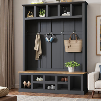 79"H Farmhouse Hall Tree with Storage Bench, Entryway Shoe Storage, 13 Compartments and 6 Hooks, Black