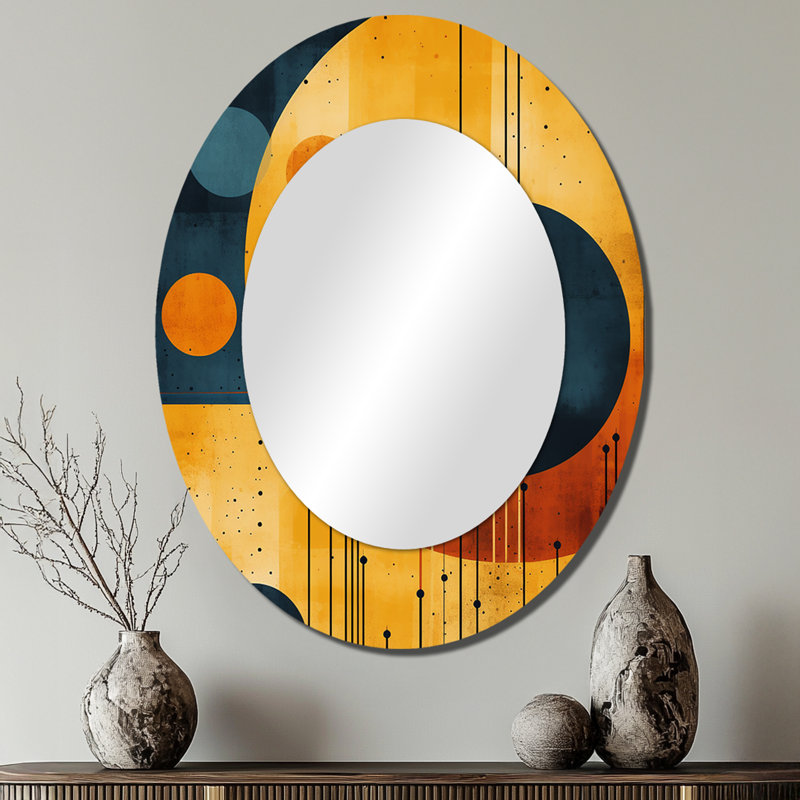 Midcentury Geometric Abstract In Retro Orange II - Gold Mid-Century Oval Wall Mirror, 40" x 30"