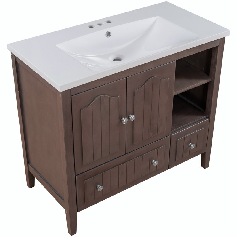 Meuble-lavabo 36 po avec lavabo en céramique, Brun