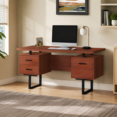 Bureau d'ordinateur, bureau personnel, ordinateur portable, installation à gauche, à droite, tiroirs de rangement, 60 po, travail, stratifié brun, métal noir, contemporain, moderne