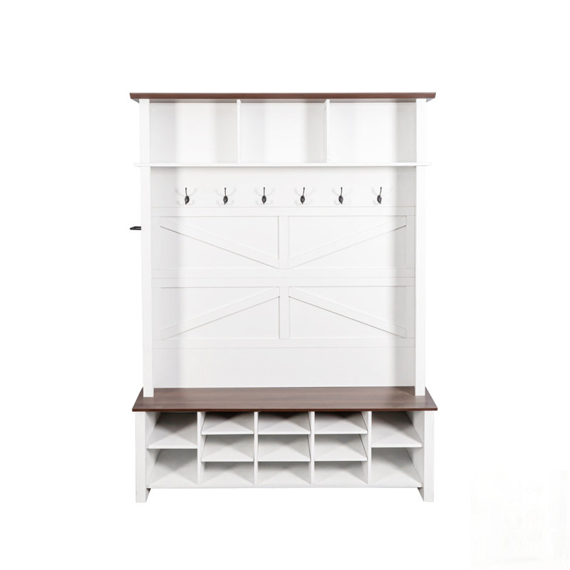 Farmhouse 4-in-1 Hall Tree with 6 Hooks, Practical Entryway Bench, Adjustable Shelves, and 16 Open Compartments for Organized Living