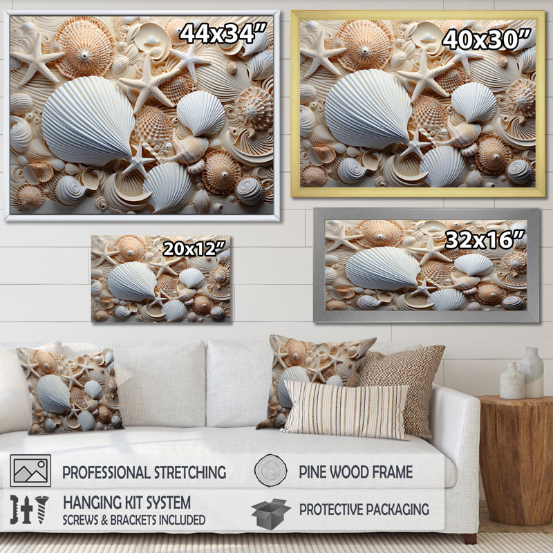 Photographie de coquillage blanc minimal III sur toile, Cadre simple argenté, H 34 po x l 44 po x P 1,5 po