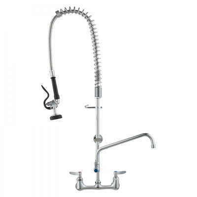 Commercial Faucet with Pre-Rinse Sprayer, 36" Height, 8" Centre, 12" Swing Spout, Wall Mount Kitchen Sink Faucet, Brass Constructed Device with Pull Down Spray, for 1/2/3 Compartment Sink