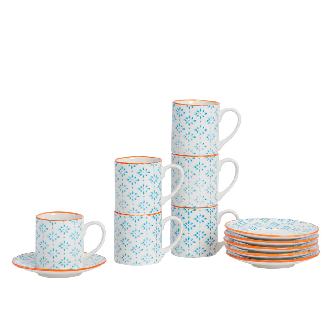 Nicola Spring - Hand-Printed Espresso Cup & Saucer Set - 65ml - Blue