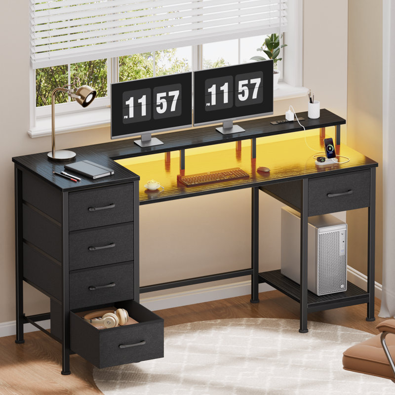 Computer Desk with Monitor Stand & Charging Station, Gaming Desk with LED Lights & Drawers, 29.8" H x 47.2" W x 18.8" D