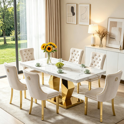 70" Faux Marble Dining Table Set for, White Dining Room Table with Velvet Dining Chairs, Modern Kitchen Table and Chairs Set, Luxury Dining Table Set for Kitchen Dining