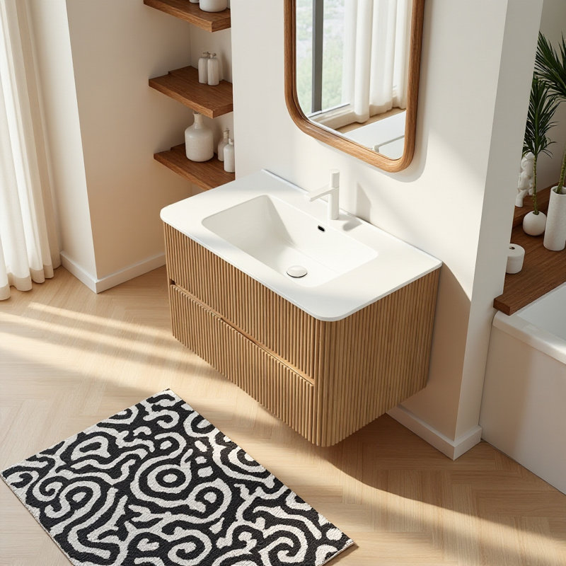 Meuble-lavabo mural moderne 36 po avec lavabo simple et 2 tiroirs, couleur bois clair