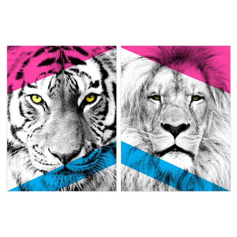 Neon Tiger Lion Vivid Jungle Animal Portrait Bold Geometric - 2 Piece No Frame Print Set, 40.5cm H x 30.5cm W x 0.3cm D
