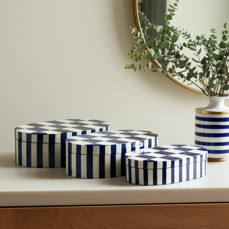 Decorative Bone Inlay Storage Boxes with Lids - Handmade Oval Trinket Boxes for Elegant Organization - Set of 3.