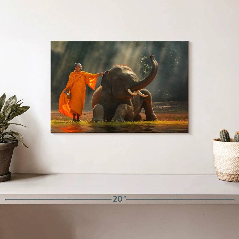 Monk And Asian Elephant, 8" H x 12" W