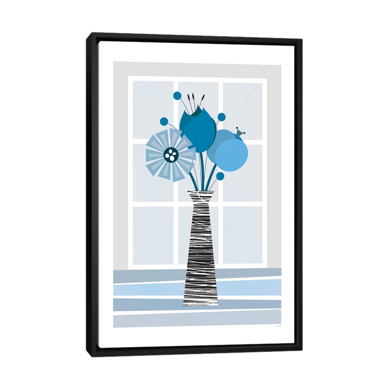 « fleurs (blue) », impression sur toile, H 26 po x l 18 po x P 1,5 po, Toile avec cadre noir, Pas de tapis