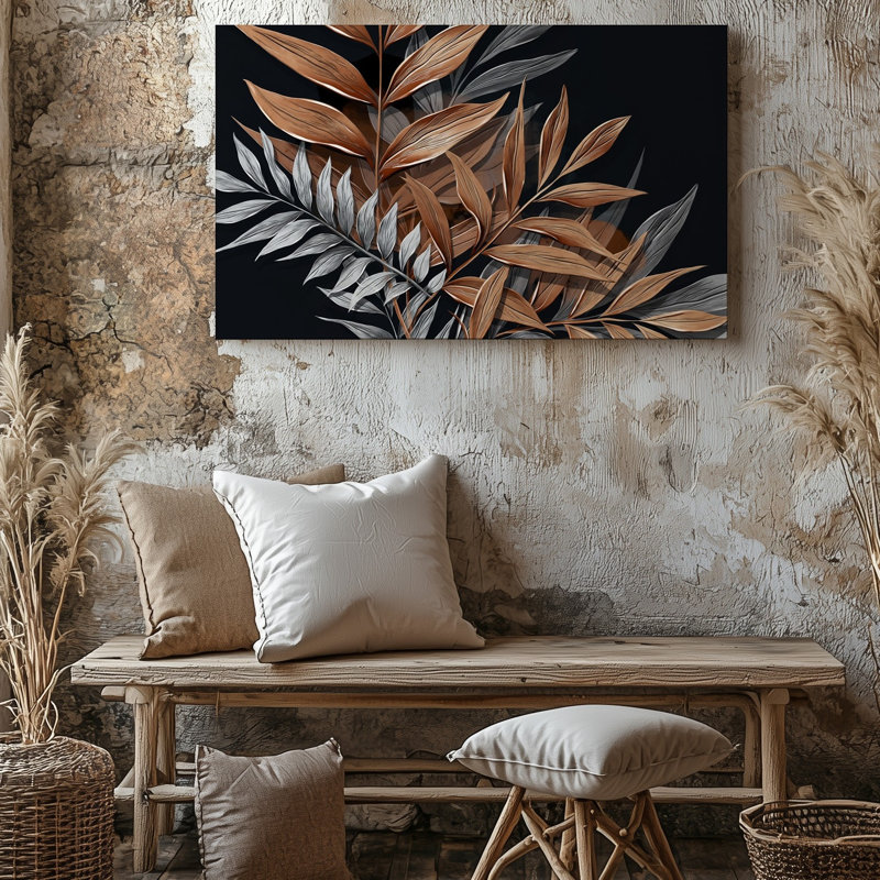 Toile sur fond texturé riche avec un arrangement complexe de feuilles d'art stylisées dans des tons cuivrés chauds et des tons argentés discrets