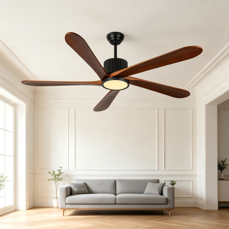 Ventilateur de plafond CC 62 po en bois massif noyer et noir mat avec lumière, moteur réversible à 6 vitesses