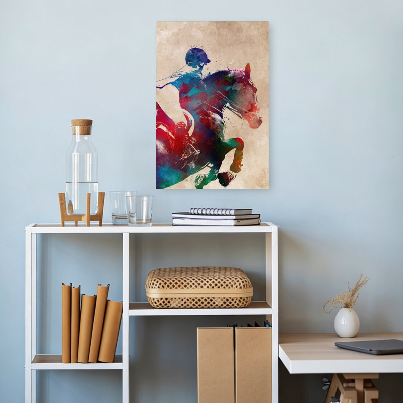 Aquarelle, cheval sautant d'art contemporain, 18" H x 12" W