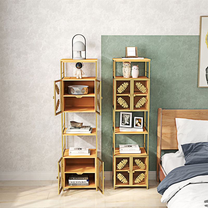 Tall Orange and Gold Metal Floor Storage Cabinet with Open Compartments