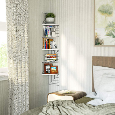 5 Tier Rustic Wood Floating Corner Shelf Wall Mount - Sturdy Solid Wood With Metal Brackets For Bedroom, Living Room, Bathroom, Kitchen, Office Decor And Storage