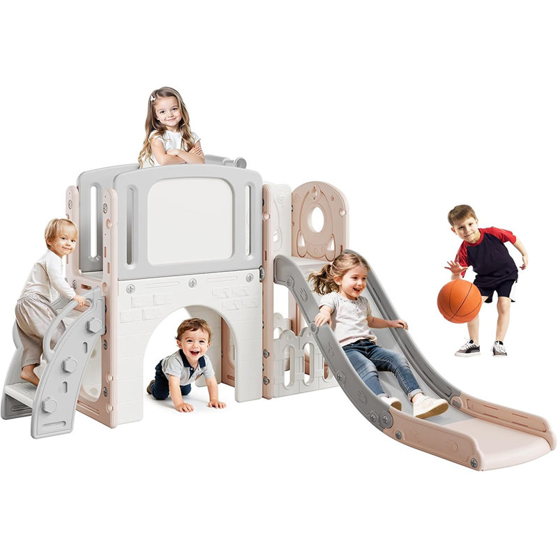 Ensemble de glissade pour tout-petits 8 en 1 avec échelle d'escalade, tunnel, télescope, panier de basketball, planche à dessin et rangement, aire de jeu intérieure et extérieure