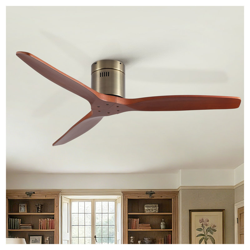 52 Inch American Farmhouse Rustic Solid Wood Low Profile Flush Mount Ceiling Fan without Light - Bronze