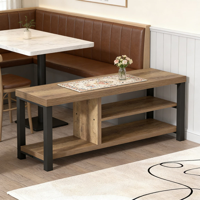 Banc de rangement pour chaussures avec sièges, banc d'entrée industriel pour le couloir, le salon et la chambre à coucher, finition chêne rustique avec cadre en métal noir, range-chaussures de 43,3 pouces et porte-chaussures