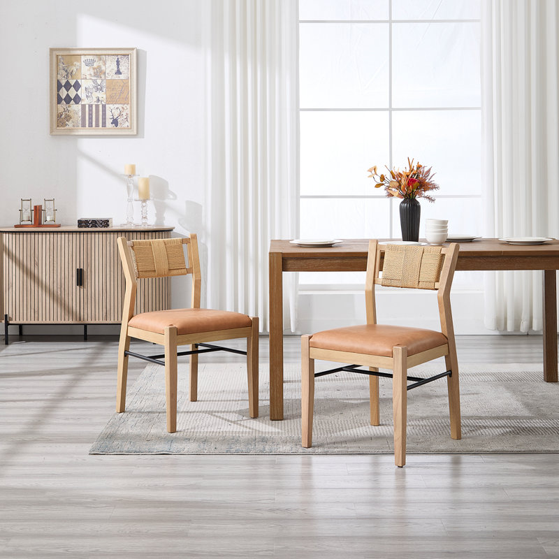 Farmhouse Solid Wood Dining Chairs With Braided Rope Backrest, Upholstered Dining Chairs For Dining Room Parlor, Brown, Brown