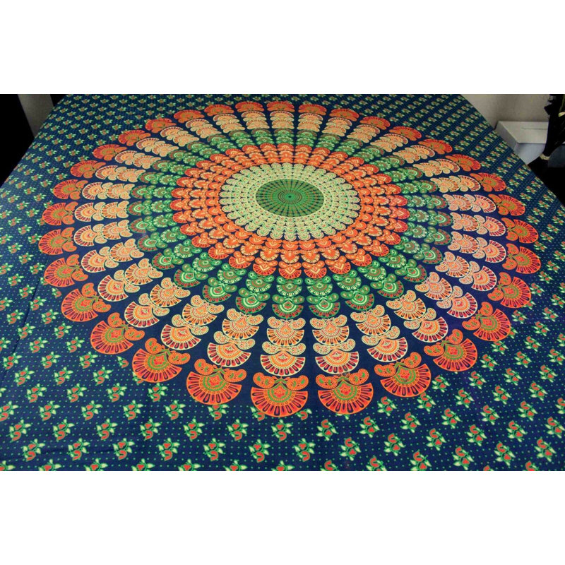 Tapisserie en coton sanganer mandala peacock, H 68 po x l 102 po, Vert