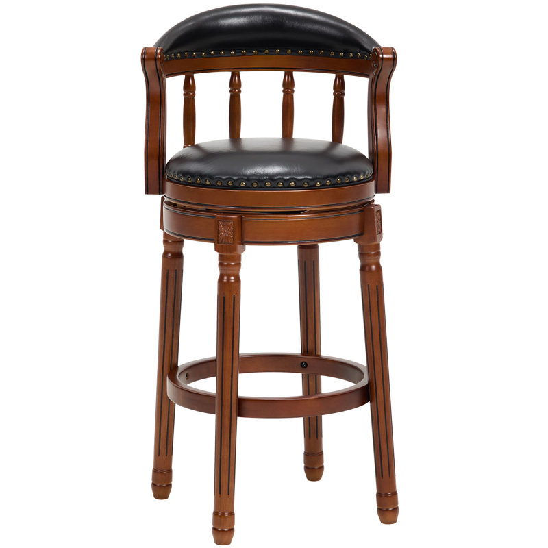 Tabouret de bar pivotant en cuir véritable véritable avec structure en bois d'hévéa massif, dossier mi-haut, Noir