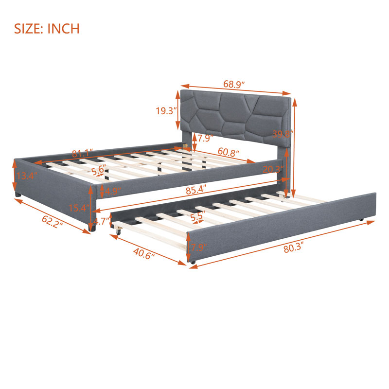 Upholstered Platform Bed with Trundle, Gray, Queen