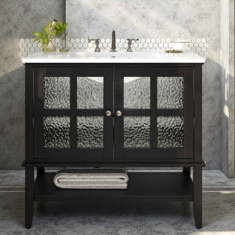 Meuble-lavabo 36 po avec lavabo en céramique, Noir